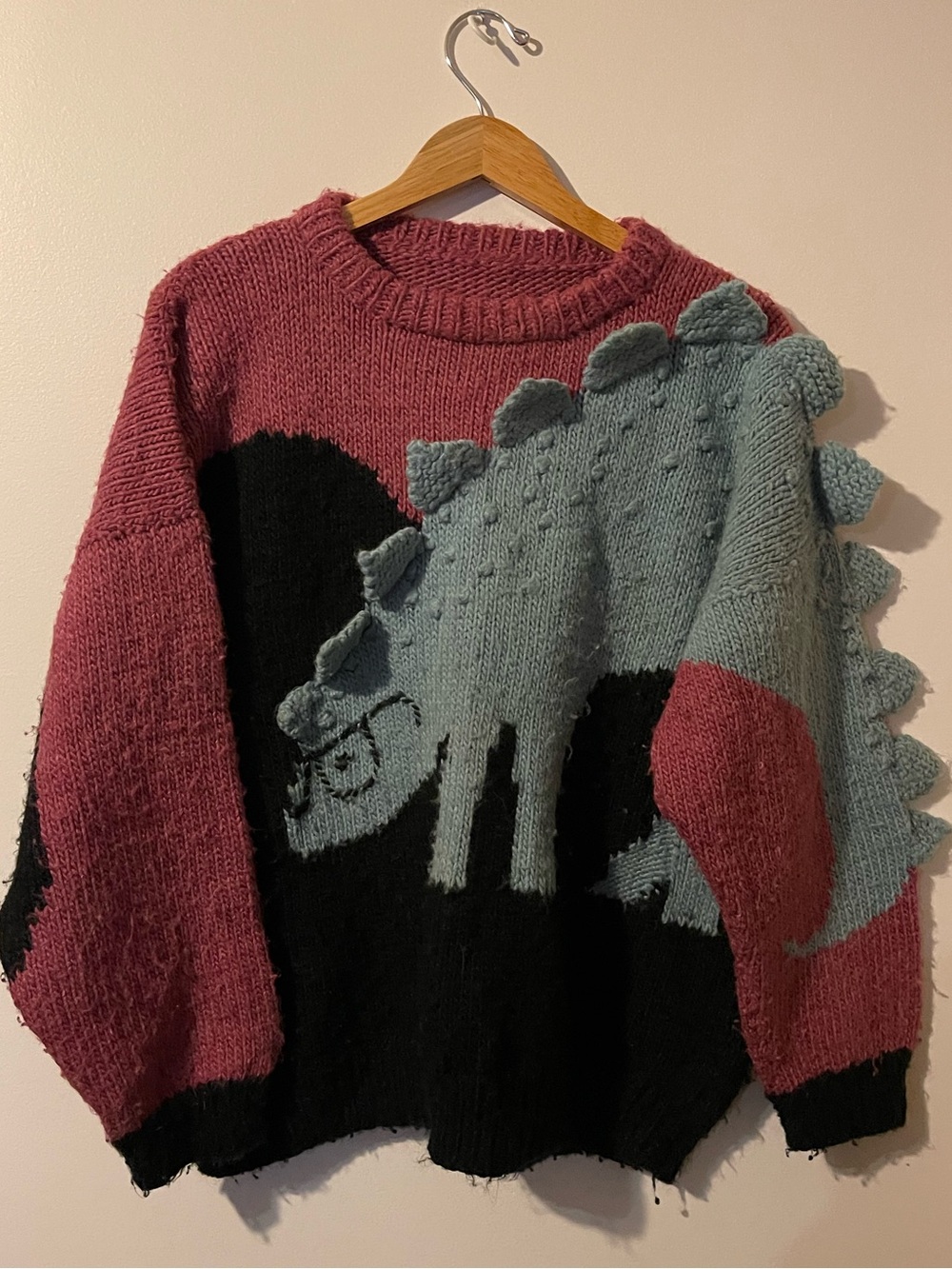 Hand Knit 3D Dinosaur Stegosaurus Chunky Crewneck Sweater Pink Blue XL Glasses